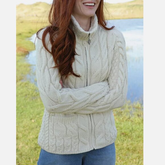 Aran Woollen Mills 100% Merino Wool Cable Knit Long Cardigan Sweater Jacket Coat - Picture 2 of 12